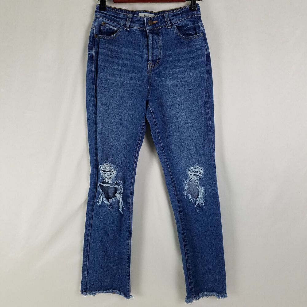 C & V Jeans Womens 26 Blue Mid Rise Distressed Skinny Leg Medium Wash Denim